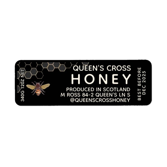 12 oz Honung Hex Burk-etikett med honungskomb och  Returadress Etikett (Framsidan)