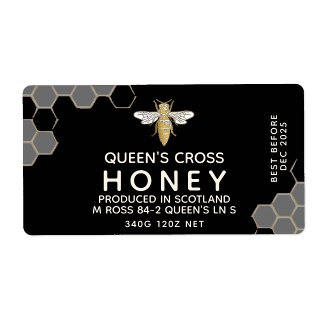 12 oz Honung Hex Burk-etiketten honungskomb & Quee Fraktsedel (Framsidan)