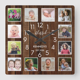 12 Pallet Wood för fotokollage med färgad Namn-fam Fyrkantig Klocka