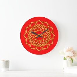12 Petal Guld Färg Mandala Flower on Red Stor Klocka