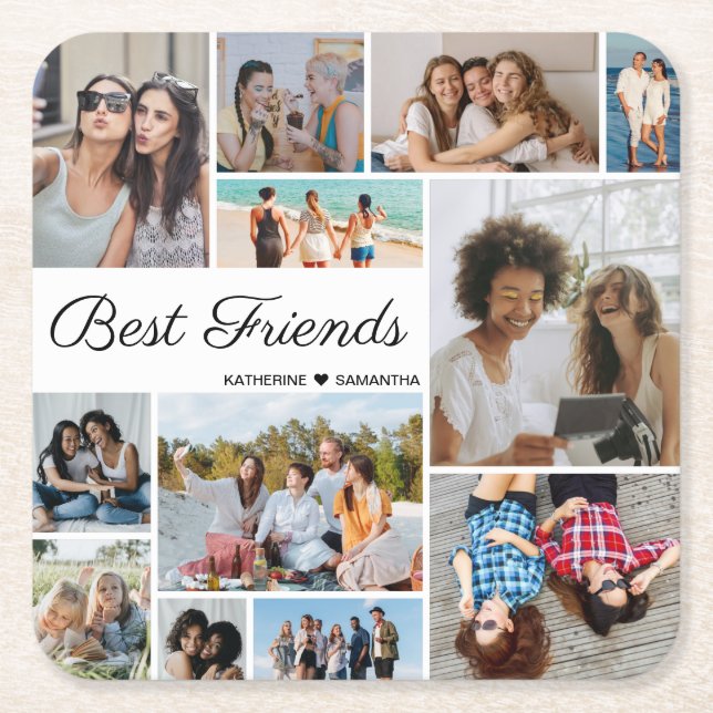 12 Photo Collage Best Friends for Forever Underlägg Papper Kvadrat (Framsidan)