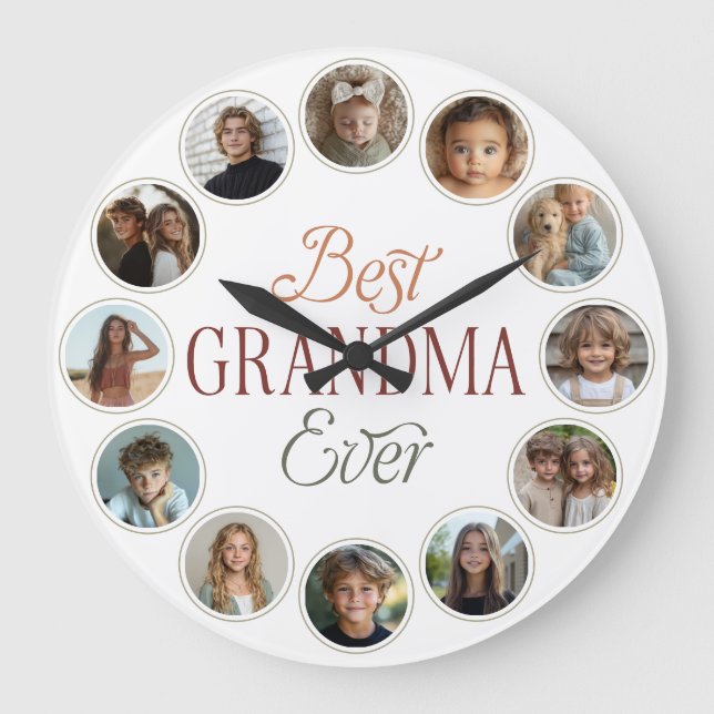 12 Photo Collage Best Grandma Ever Stor Klocka (Framsida)