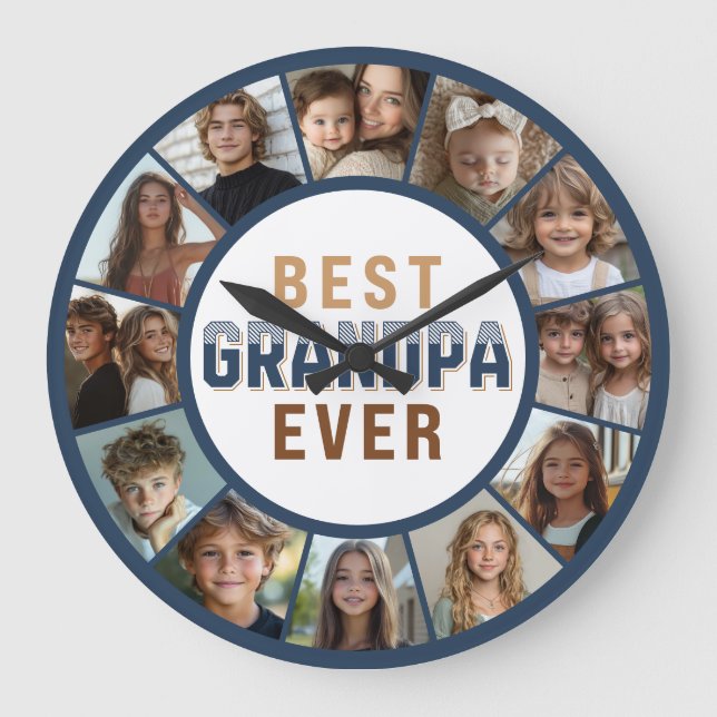 12 Photo Collage Best Grandpa Ever Large Clock Stor Klocka (Framsida)