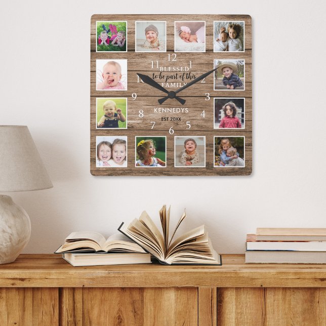 12 Photo Collage Blsed Family Quote Rustic Wood Fyrkantig Klocka (12 Photo Collage Blessed Family Quote Rustic Wood Square Wall Clock)
