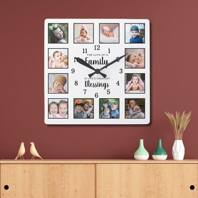 12 Photo Collage Family Love Blessings Quote White Fyrkantig Klocka (Skapare uppladdad)