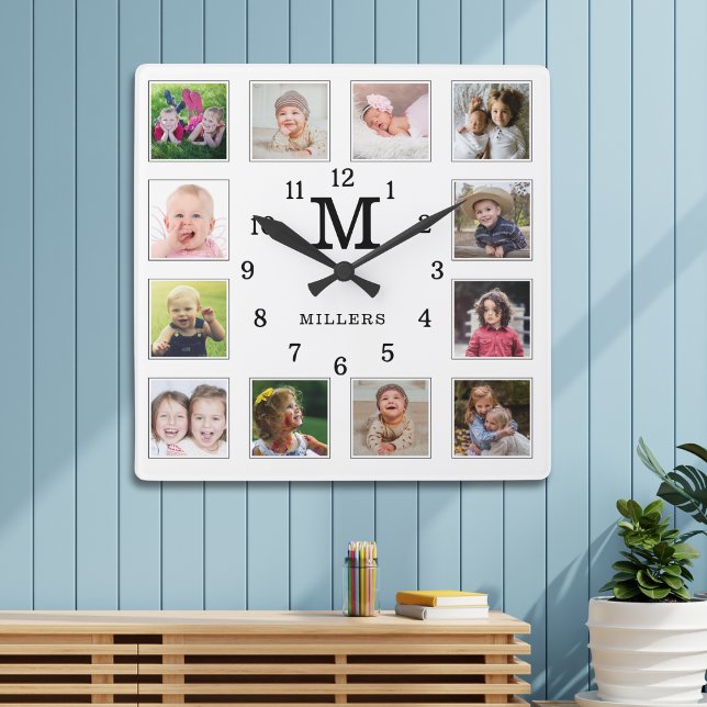 12 Photo Collage Family Name Monogram Black White Fyrkantig Klocka (Skapare uppladdad)