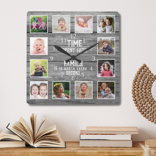 12 Photo Collage Family Quote Farmhouse Gray Wood Fyrkantig Klocka (Skapare uppladdad)