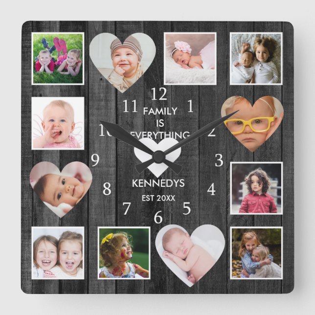 12 Photo Collage Family Quote Heart Black Wood  Fyrkantig Klocka (Framsida)