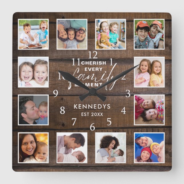 12 Photo Collage Family Quote Mörk Brown Wood Fyrkantig Klocka (Framsida)