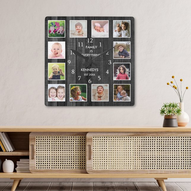 12 Photo Collage Family Quote Pallet Wood Black Fyrkantig Klocka (12 Photo Collage Family Quote Pallet Wood Black Square Wall Clock)