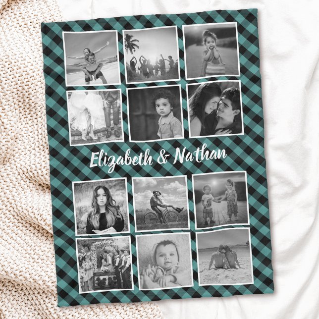 12 Photo Collage Gingham Checkered Family Keepsaké Fleecefilt (Skapare uppladdad)