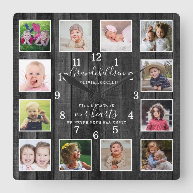 12 Photo Collage Grandchildren Quote Black Wood Fyrkantig Klocka (Framsida)