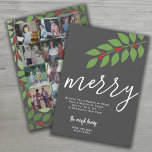 12 Photo Collage - Merry Script - Botanical Julkort<br><div class="desc">FRONT DESIGN: En modern, minimal design med ett stort "merry" i ett trendig-skript. Julbudskapet kan ändras. En namnteckning familj ingår i ett område där du kan lägga till enskilda namn. Bakgrunden färg är ett mörk grått. — BACK DESIGN: Använda 12 fyrkantiga foton med subjekt centrerat. De 12 användorna för fotokollage...</div>