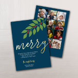 12 Photo Collage - Merry Script - Navy Botanical<br><div class="desc">FRONT DESIGN: En modern, minimal design med ett stort "merry" i ett trendig-skript. Julbudskapet kan ändras. En namnteckning familj ingår i ett område där du kan lägga till enskilda namn. Bakgrunden till färg är en marinblått. — BACK DESIGN: Använda 12 fyrkantiga foton med subjekt centrerat. De 12 användorna för fotokollage...</div>