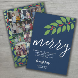 12 Photo Collage - Merry Script - Navy Botanical Julkort