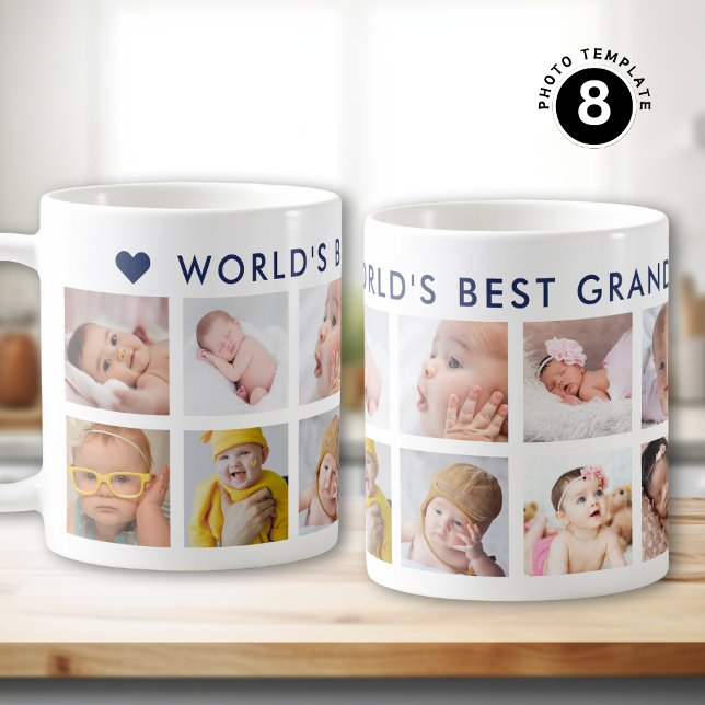 12 Photo Collage Navy Blue World's Best Grandpa Kaffemugg (Skapare uppladdad)