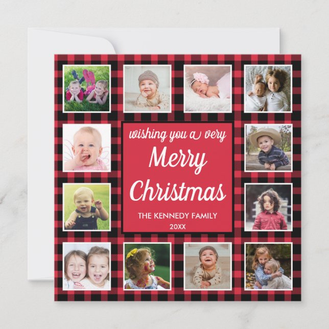 12 Photo Collage Red Buffalo Plaid Merry Christmas Julkort (Framsida)