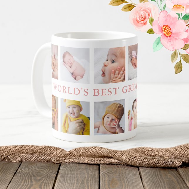 12 Photo Collage Rosa World's Best Underbar Grandm Kaffemugg (12 Photo Collage Pink World's Best Great Grandma Coffee Mug)