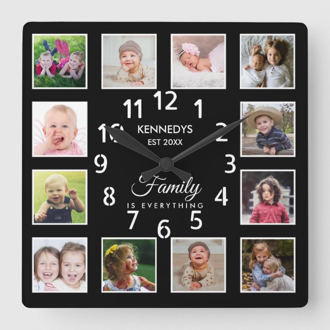 12 Photo Collage Template Family Namn Quote Black Fyrkantig Klocka (Framsida)