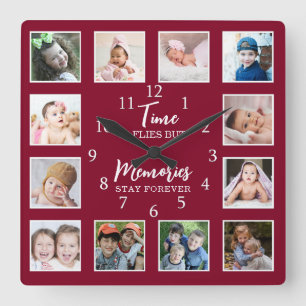 12 Photo Collage Time Flies Memories stannar vid b Fyrkantig Klocka