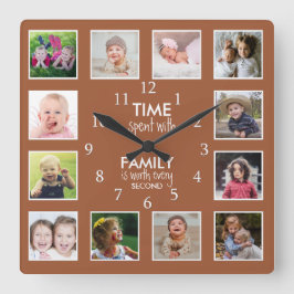 12 Photo Collage Time med familje-citat Terracotta Fyrkantig Klocka