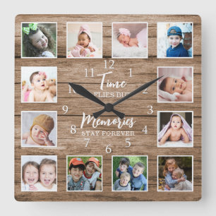 12 Photo Collage Time Memories Quote Rustic Wood Fyrkantig Klocka