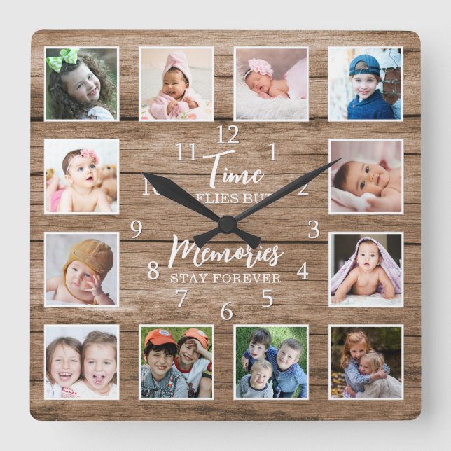 12 Photo Collage Time Memories Quote Rustic Wood Fyrkantig Klocka (Framsida)
