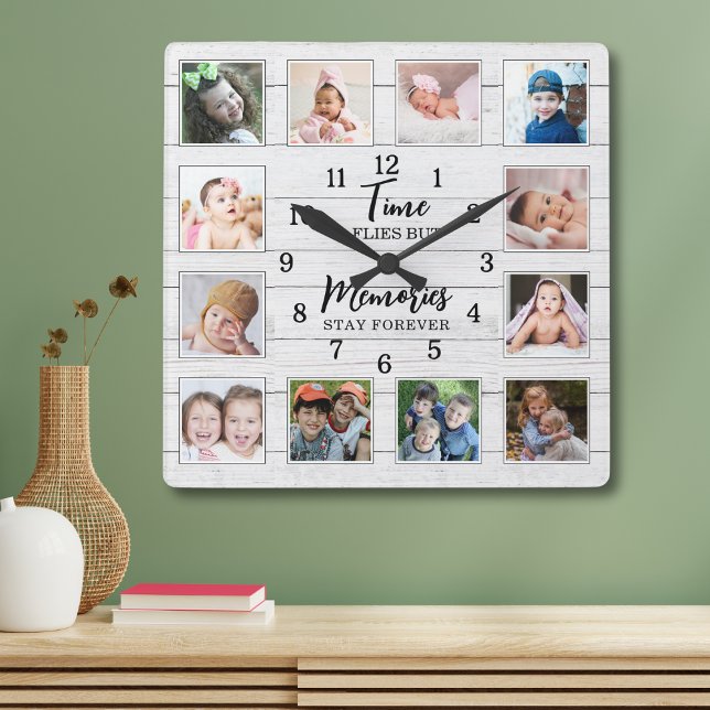 12 Photo Collage Time Memories Quote White Wood Fyrkantig Klocka (Skapare uppladdad)