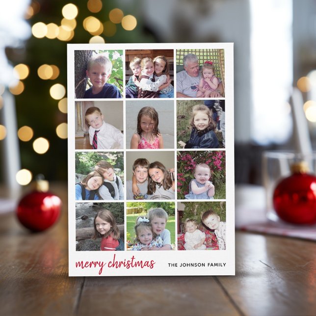 12 Photo God jul Red Gingham Minimalist Julkort (12 Photo - Year in Review Christmas Photo Card - Download Option Available)