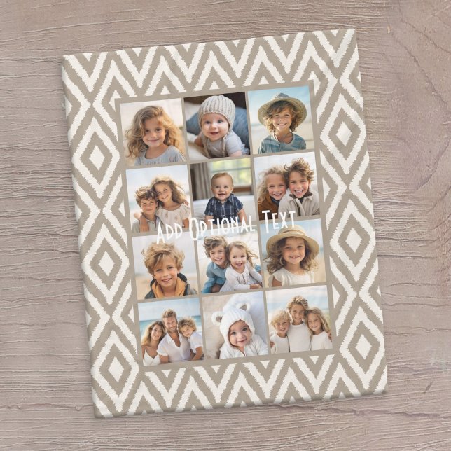 12 Photo Instagram Collage Khaki Ikat Mönster Fleecefilt (12 Photo personalized blanket with a tribal pattern)