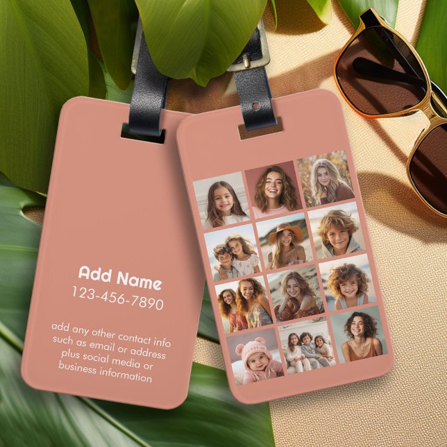 12 Photo Instagram Collage - Pastel Coral Ro Bagagebricka (Personalized Luggage Tag)