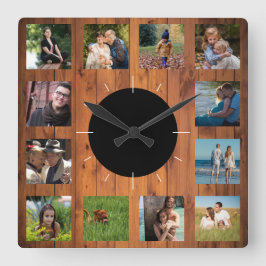 12 Photo Instagram Family Collage Faux Cherry Wood Fyrkantig Klocka
