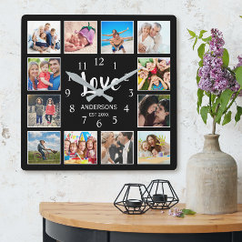 12 Photo Template Family Kärlek-skript Modern Blac Fyrkantig Klocka