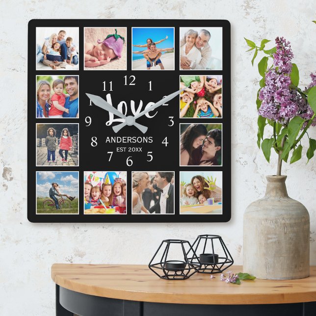 12 Photo Template Family Kärlek-skript Modern Blac Fyrkantig Klocka (Skapare uppladdad)