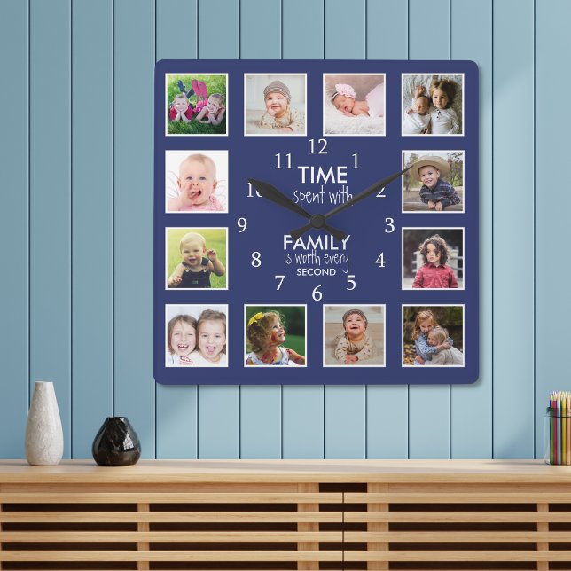 12 Photo Template Time med familjefaktura Blue Fyrkantig Klocka (12 Photo Template Time With Family Quote Blue Square Wall Clock)