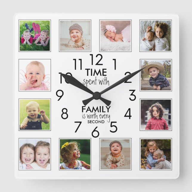 12 Photo Template Time med familjefakturering vit Fyrkantig Klocka (Framsida)