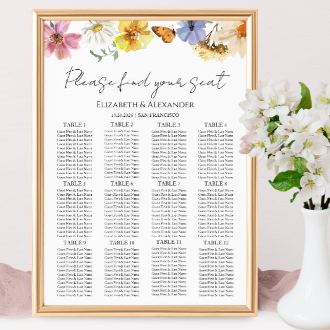 12 Sätesdiagram för sjöblomman Boho Bröllop i Bord Poster (Skapare uppladdad)