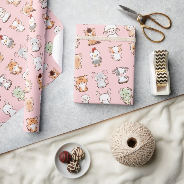 12 söta kinesiska stjärntecken djur Kawaii  Presentpapper (Hantverk)