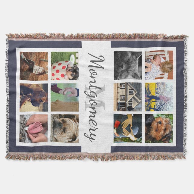 12 Square Photos Family Namn och Monogram Filt (Framsidan)