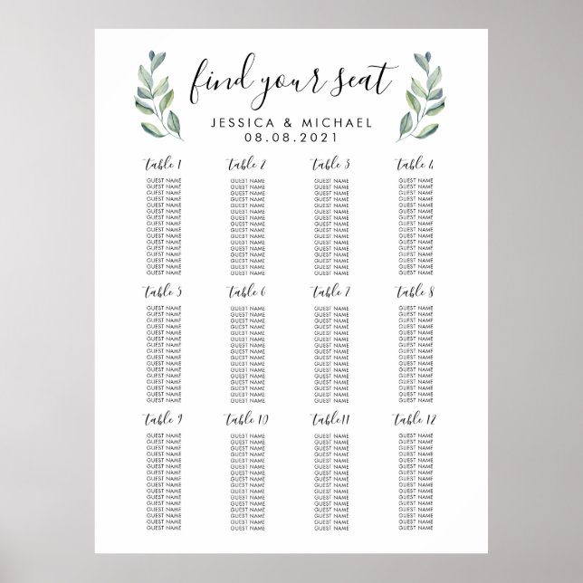 12 stora Bröllop 192-Bord-gästdiagram Poster (Framsidan)