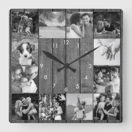 12 Svart och vitt fotokollage Rustic Wood Fyrkantig Klocka