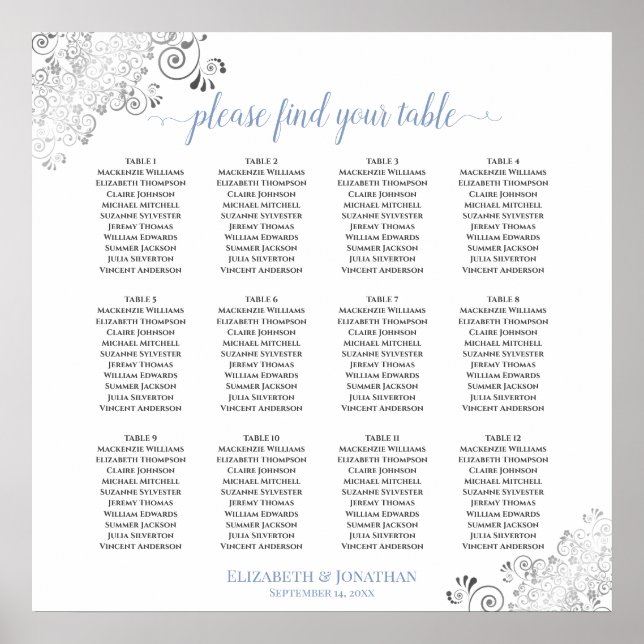 12 Vänligt blå och vit Bröllop-sittdiagram Bord Poster (Framsidan)
