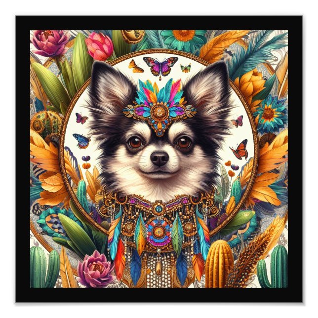 12"x12" Pet Porträtt Chihuahua Art Black Gräns Fototryck (Framsidan)