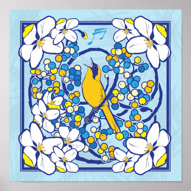 12 x 12 Art nouveau Stil Songbird-utskrift Poster (Framsidan)