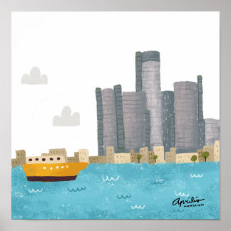 12 x 12 Whimsical Detroit Skyline Poster