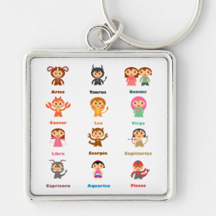 12 Zodiac-tecken Fyrkantig Silverfärgad Nyckelring