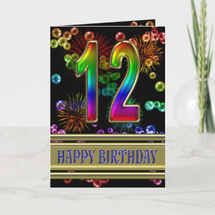 12th Birthday with rainbow bubbles and fireworks Kort