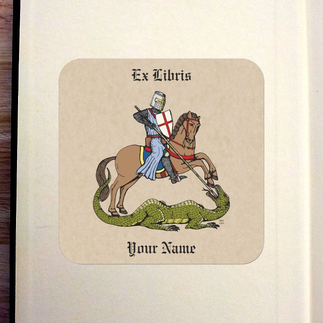 1300-talets Saint George och Dragon Bookplate Fyrkantigt Klistermärke (13th Century Saint George and the Dragon Bookplate in Old Book)