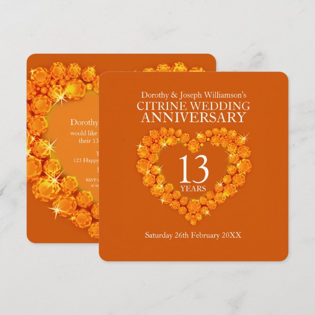 13-års bröllopsjubileum citrin orange inbjudningar (Fram/baksida)