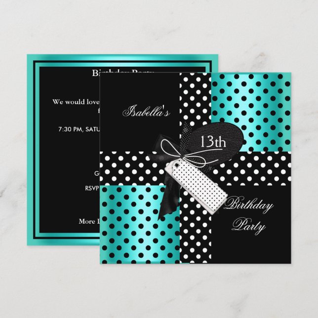 13-års födelsedag Polka Dot Teal Blå Svart Vit 2 Inbjudningar (Fram/baksida)